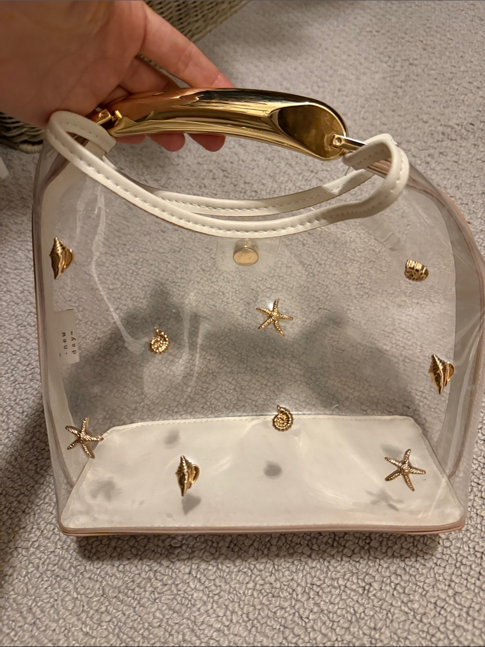 a new day Clear bag with White Trim and Gold Shell Accents